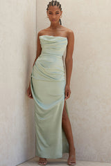 Silky High Slit Strapless Ruched Satin Maxi Dress - Sage Green