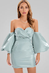 Silky Puff Sleeve Satin Off Shoulder Cocktail Mini Dress - Turquoise