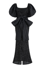 Silky Satin Bow Tie Back Puff Sleeve Sequin Mermaid Evening Maxi Dress