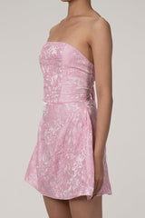 Silky Satin Floral Jacquard Strapless Laced Back Bow Trim Party Mini Dress