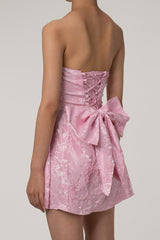 Silky Satin Floral Jacquard Strapless Laced Back Bow Trim Party Mini Dress