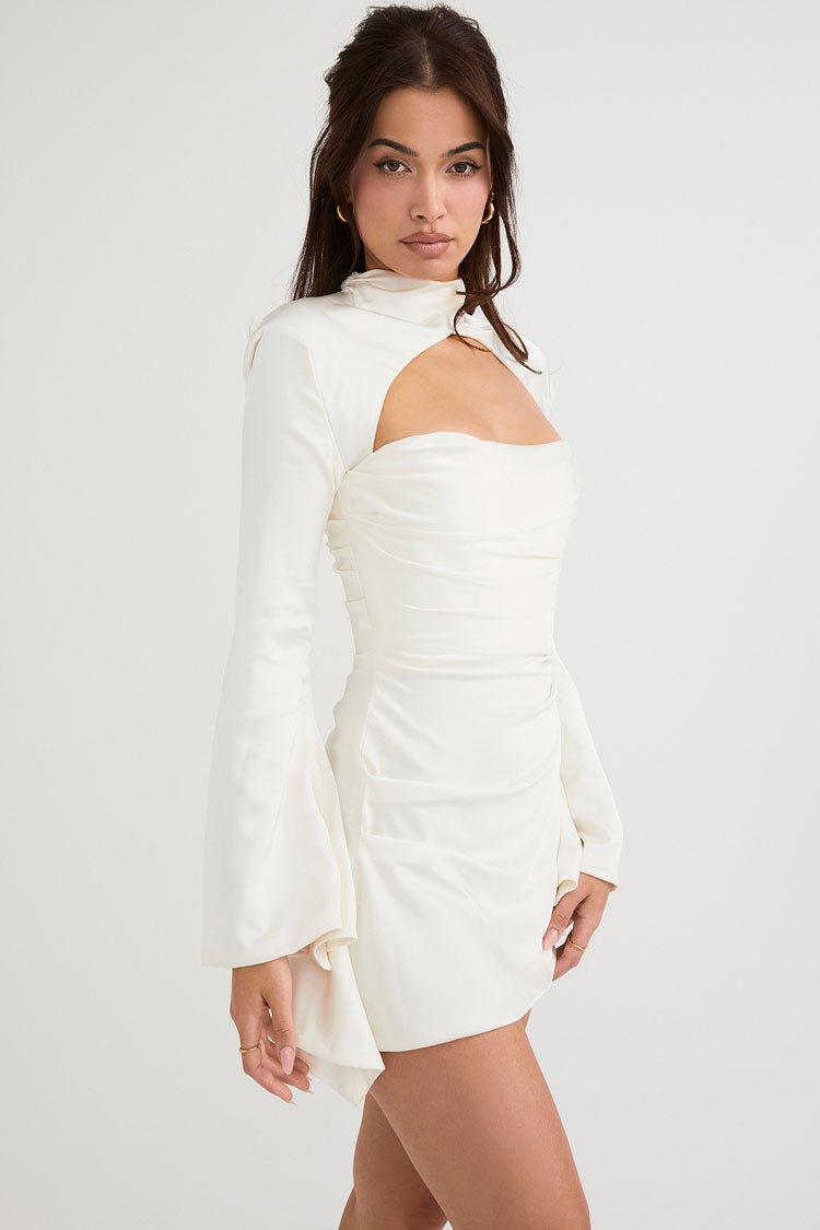 Silky Satin High Neck Long Sleeve Cutout Party Mini Dress - White