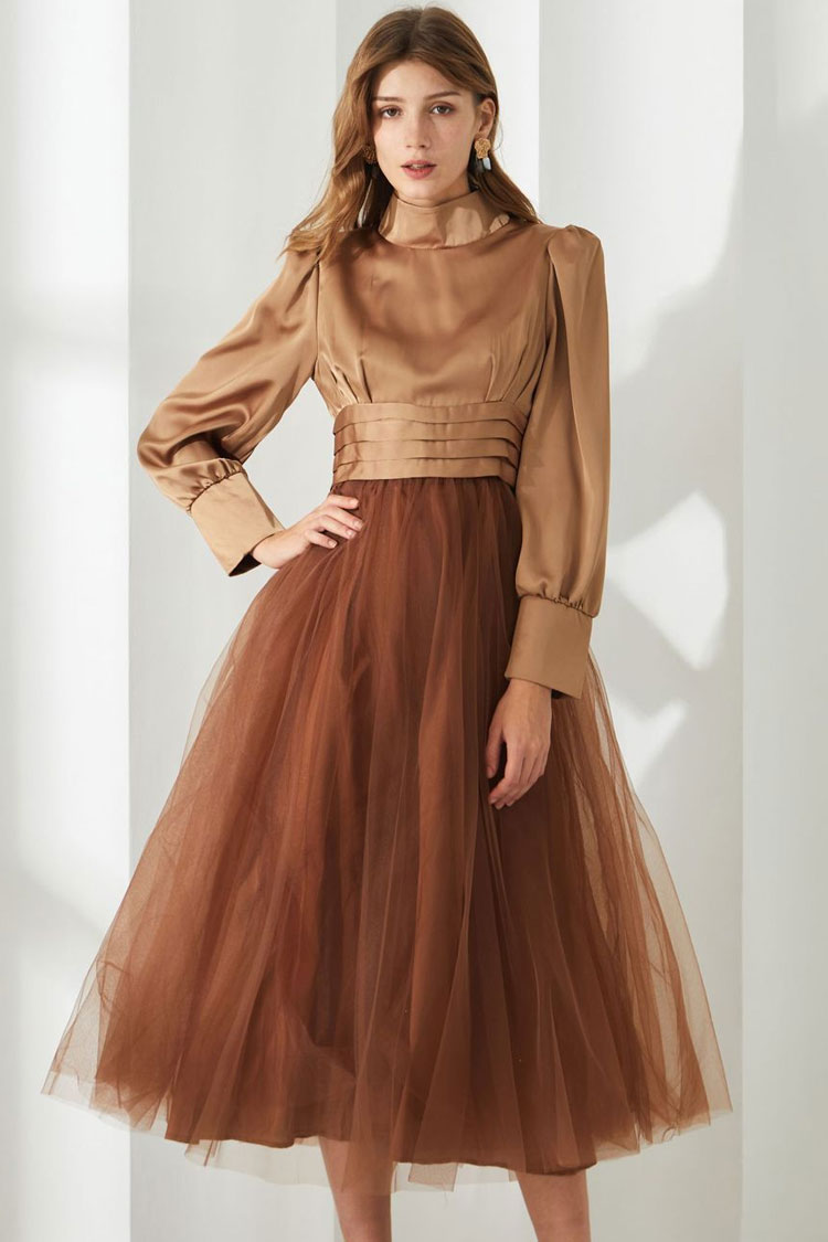 Silky Satin High Neck Long Sleeve High Waist Tulle Cocktail Midi Dress - Khaki