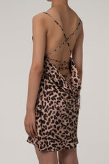 Silky Satin Leopard Cowl Neck Spaghetti Strap Lace Up Backless Party Mini Dress