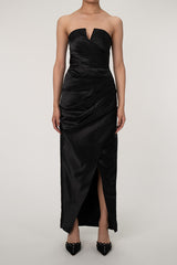 Silky Satin Notch V Strapless Draped Evening Maxi Dress - Black