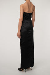 Silky Satin Notch V Strapless Draped Evening Maxi Dress - Black