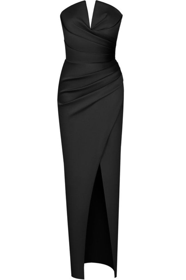 Silky Satin Notch V Strapless Draped Evening Maxi Dress - Black