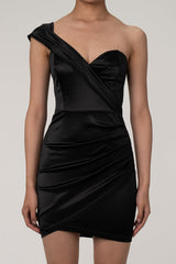 Silky Satin One Shoulder Ruched Bodycon Party Mini Dress - Black