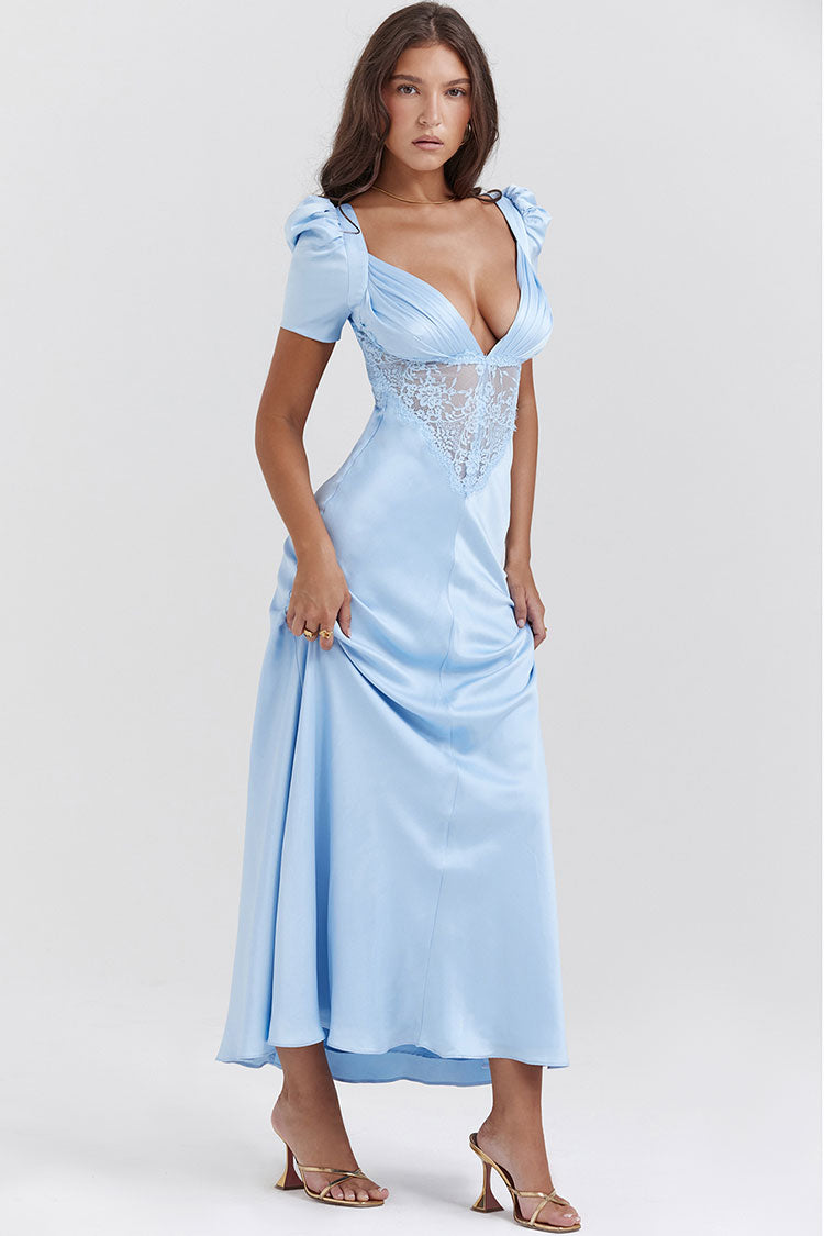 Silky Satin Pleated Deep V Puff Sleeve Lace Panel Fishtail Evening Maxi Dress - Blue