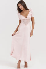 Silky Satin Pleated Deep V Puff Sleeve Lace Panel Fishtail Evening Maxi Dress - Pink