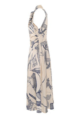 Silky Satin Printed Twist Neck Ruched Sleeveless French Midi Sundress