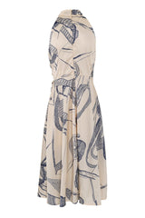 Silky Satin Printed Twist Neck Ruched Sleeveless French Midi Sundress