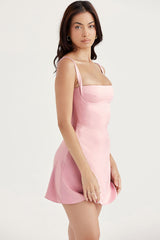 Silky Satin Square Neck Suspender Strap Party Mini Dress - Pink