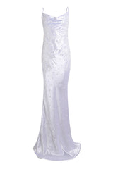 Silky Sequin Cowl Neck Bow Tie Cutout Mermaid Slip Evening Maxi Dress