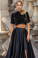 Sparkly Bow Trim Sequin Crop Top Satin Split Skirt Two Piece Maxi Dress - Black