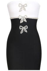 Sparkly Bowknot Black and White Strapless Bandage Mini Dress - Black