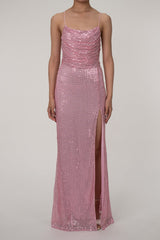 Sparkly Cowl Neck Lace Up Back High Slit Sequin Prom Maxi Dress - Pink