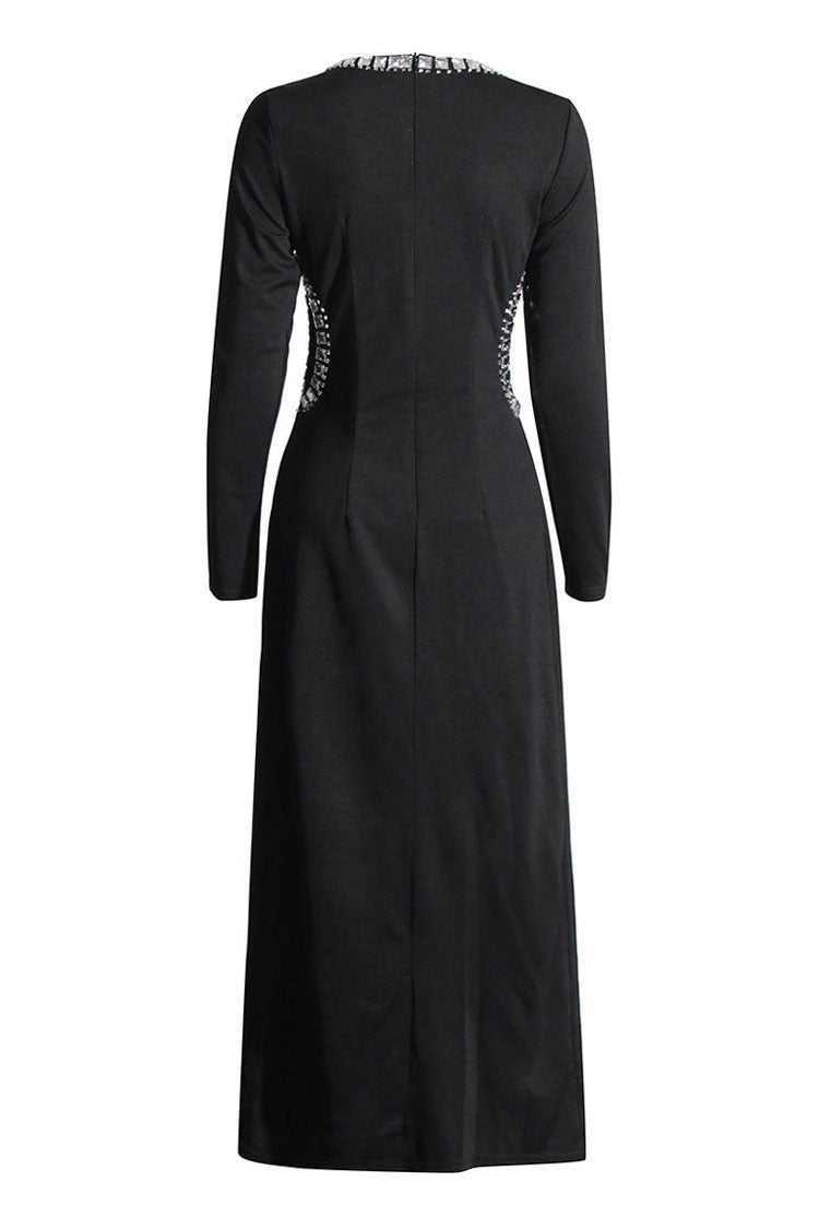 Sparkly Crew Neck Cutout Long Sleeve Split Rhinestone Evening Maxi Dress