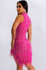 Sparkly Crystal Beaded Sleeveless Sheer Mesh Feather Club Mini Dress - Pink