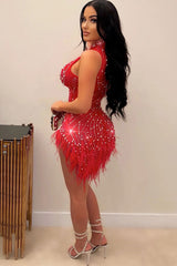 Sparkly Crystal Beaded Sleeveless Sheer Mesh Feather Club Mini Dress - Red