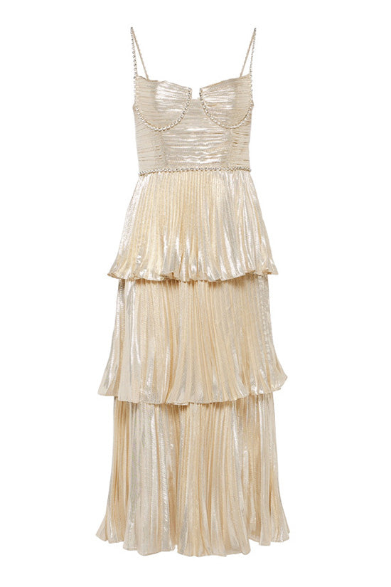 Sparkly Crystal Bustier Sleeveless Metallic Pleated Tiered Cocktail Midi Dress