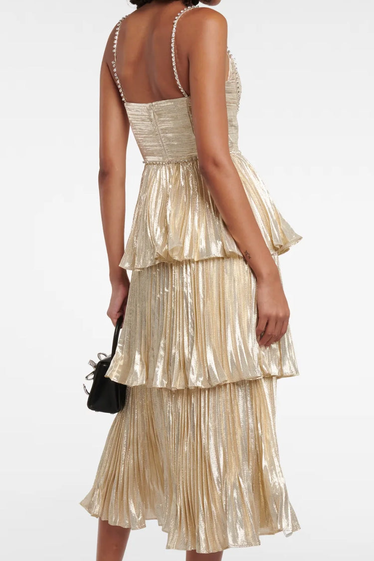 Sparkly Crystal Bustier Sleeveless Metallic Pleated Tiered Cocktail Midi Dress