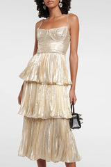 Sparkly Crystal Bustier Sleeveless Metallic Pleated Tiered Cocktail Midi Dress