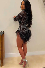 Sparkly Crystal High Neck Sheer Mesh Bodycon Feather Party Mini Dress - Black