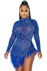 Sparkly Crystal High Neck Sheer Mesh Bodycon Feather Party Mini Dress - Blue