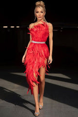 Sparkly Crystal One Shoulder High Slit Feather Midi Dress - Red