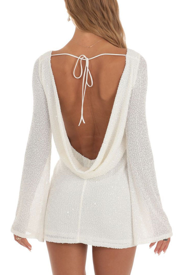 Sparkly Draped Backless Bell Sleeve Bodycon Sequin Party Mini Dress - White