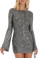 Sparkly Draped Backless Bell Sleeve Bodycon Sequin Party Mini Dress - Gray