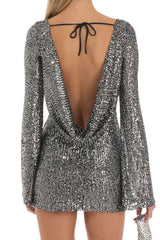 Sparkly Draped Backless Bell Sleeve Bodycon Sequin Party Mini Dress - Gray