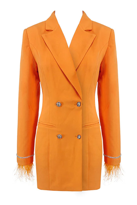 Sparkly Feather Trim Long Sleeve Cutout Back Blazer Mini Dress - Orange