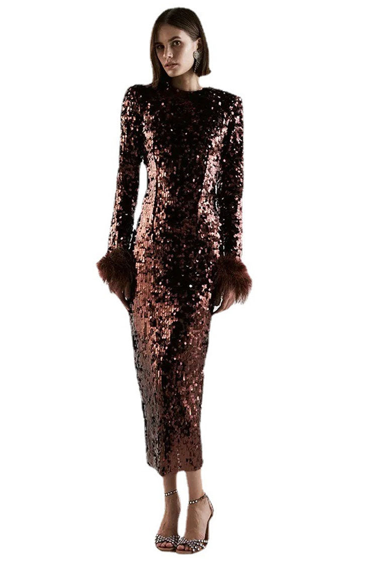 Sparkly Feather Trim Long Sleeve Velvet Sequin Midi Dress - Chocolate