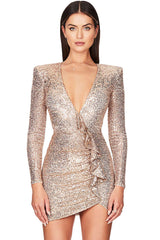 Sparkly Galaxy Long Sleeve Ruffle Deep V Sequin Mini Dress - Champagne