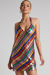 Sparkly Halter V Neck Backless Sheer Disc Sequin Club Mini Dress - Multicolor