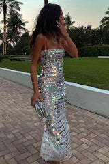 Sparkly Mermaid Sequin Spaghetti Strap Split Evening Maxi Dress - Silver