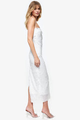 Sparkly Mermaid Sequin Spaghetti Strap Split Evening Maxi Dress - White