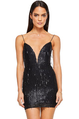 Sparkly Mesh Deep V Spaghetti Strap Sequin Fringe Mini Dress - Black