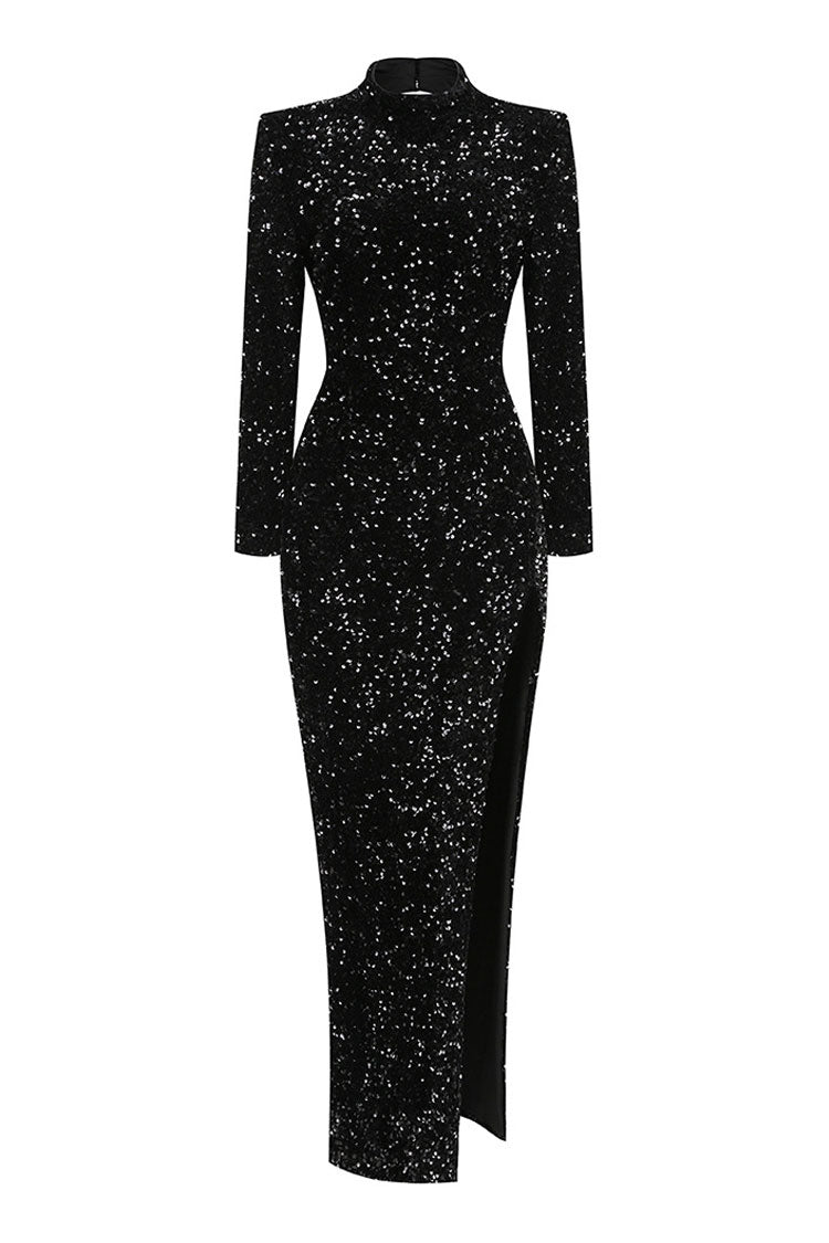 Sparkly Mock Neck Long Sleeve Cutout High Split Sequin Maxi Evening Dress