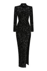 Sparkly Mock Neck Long Sleeve Cutout High Split Sequin Maxi Evening Dress