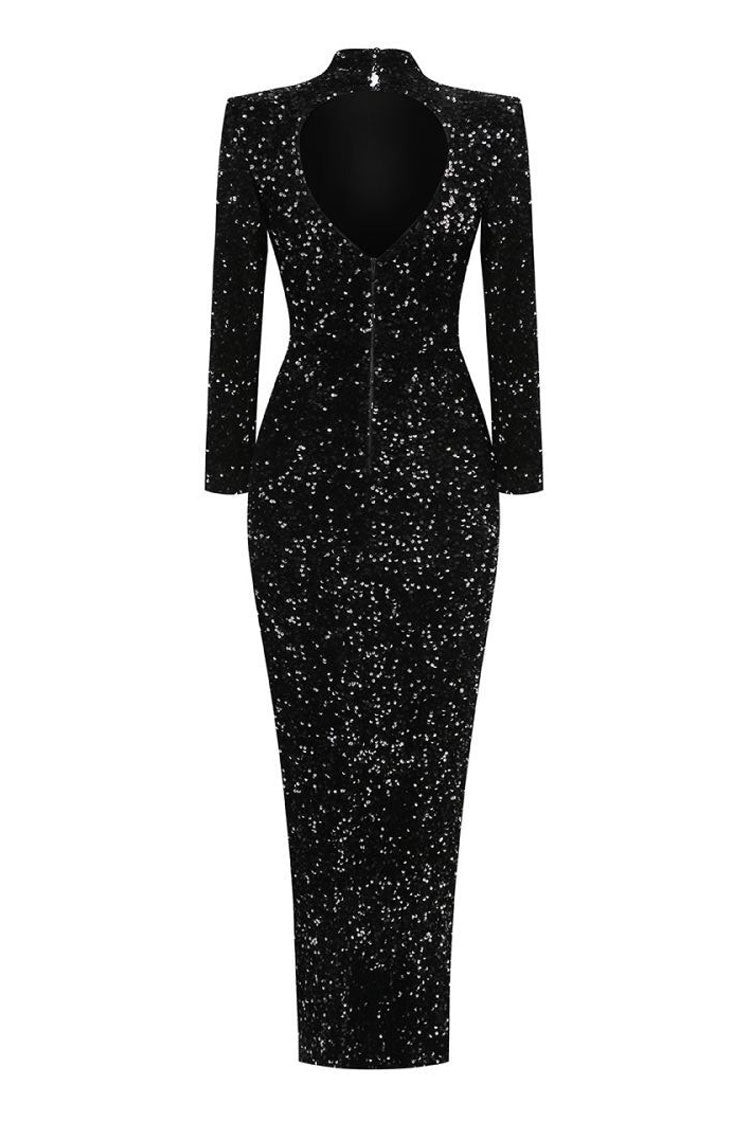 Sparkly Mock Neck Long Sleeve Cutout High Split Sequin Maxi Evening Dress