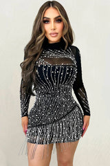 Sparkly Mock Neck Long Sleeve Rhinestone Fringe Party Mini Dress - Black