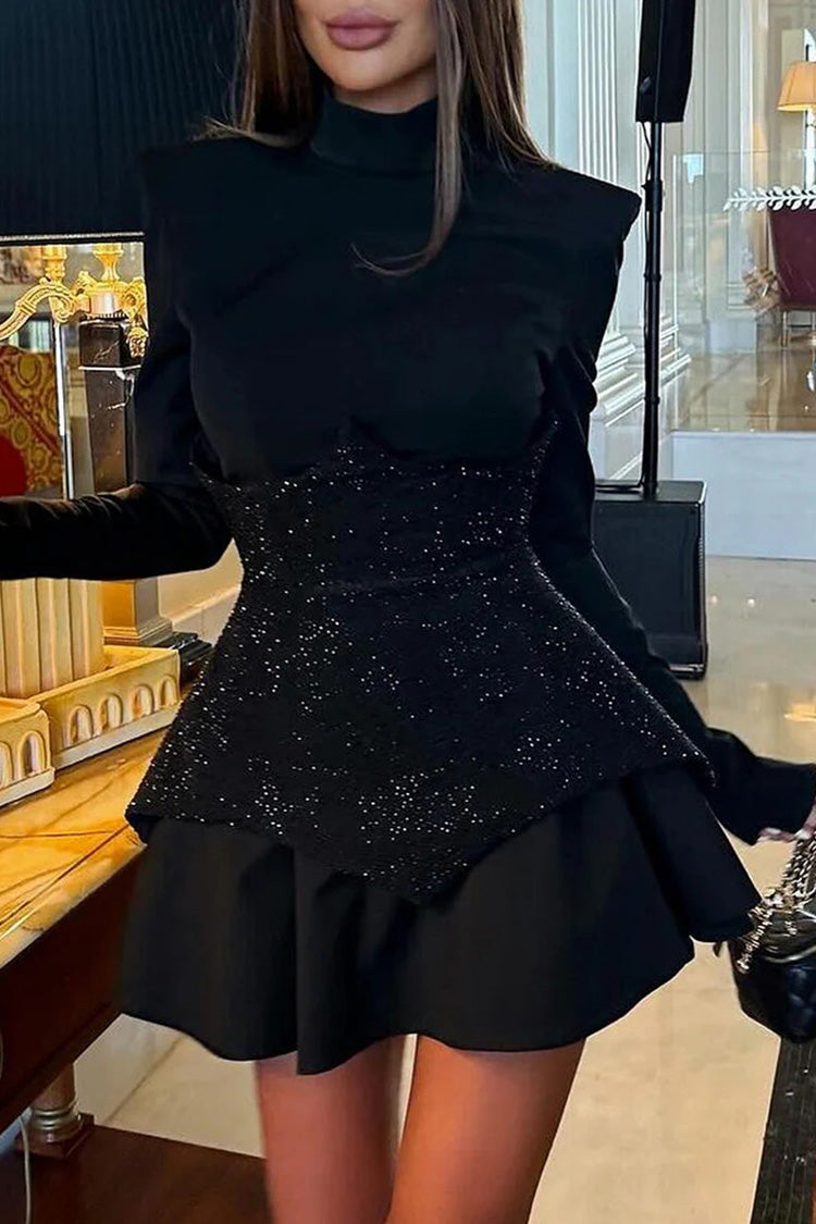 Sparkly Mock Neck Long Sleeve Rhinestone Peplum Skater Party Mini Dress