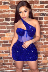 Sparkly One Shoulder Mesh Velvet Sequin Bodycon Party Mini Dress - Blue