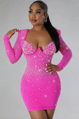 Sparkly Rhinestone Beaded Bustier Long Sleeve Party Mini Dress - Hot Pink