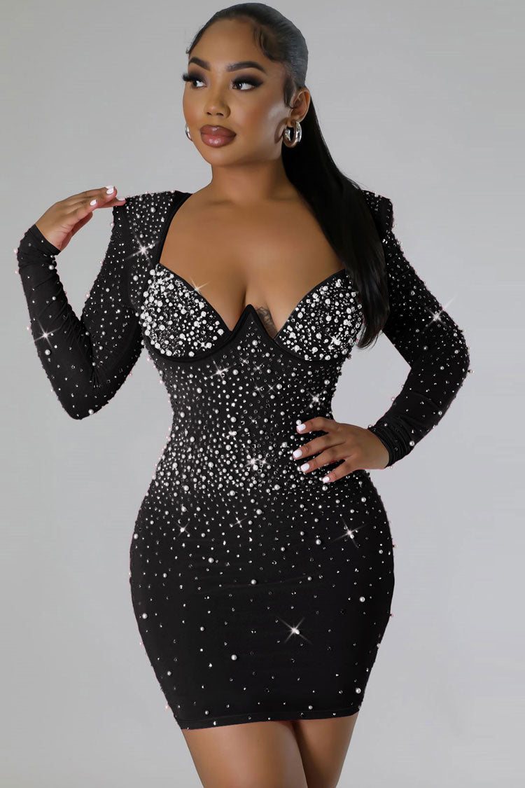 Sparkly Rhinestone Beaded Bustier Long Sleeve Party Mini Dress - Black