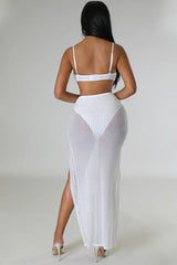 Sparkly Rhinestone Bra High Waist Split Mesh Maxi Two Piece Dress - White