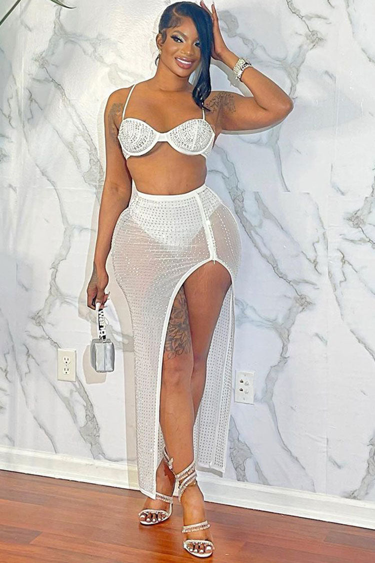 Sparkly Rhinestone Bra High Waist Split Mesh Maxi Two Piece Dress - White